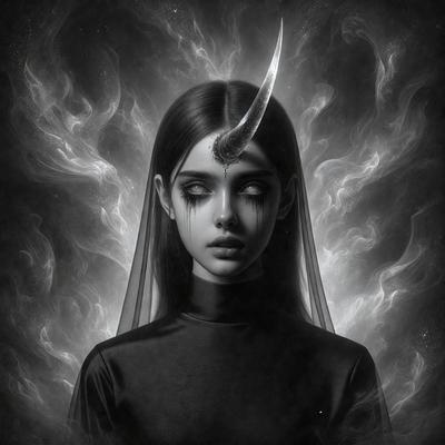 The primary subject of the image is a woman with a horn on her head. She is wearing a black shirt and has a tear on her face. The setting is a dark, possibly demonic, environment. The visual style is a digital art or illustration, with a focus on the woman's unique appearance. The colors and mood of the image are dark and eerie, with the woman's horn and tear adding to the overall atmosphere.